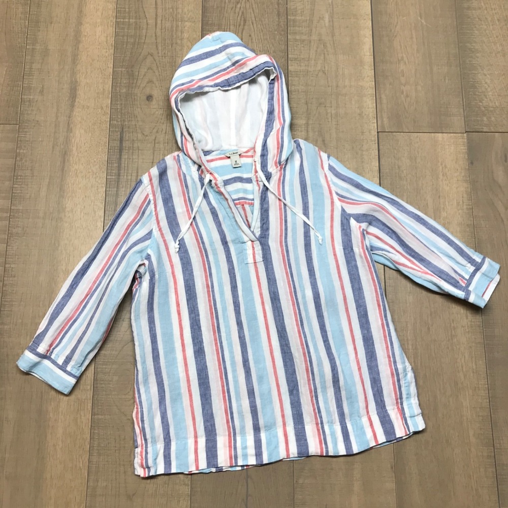 L.L. Bean Hoodie Womens Size‎ M Blue Linen Striped V-Neck Coastal Beach Pullover